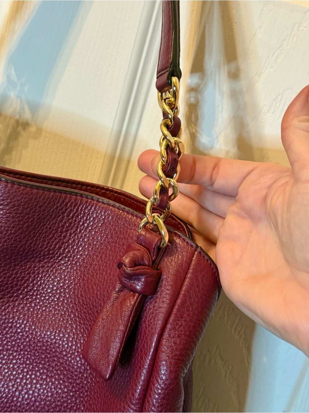 Tory Burch Harper Leather Tote Shoulder Bag Burgundy Gold Chain - Picture 7 of 16